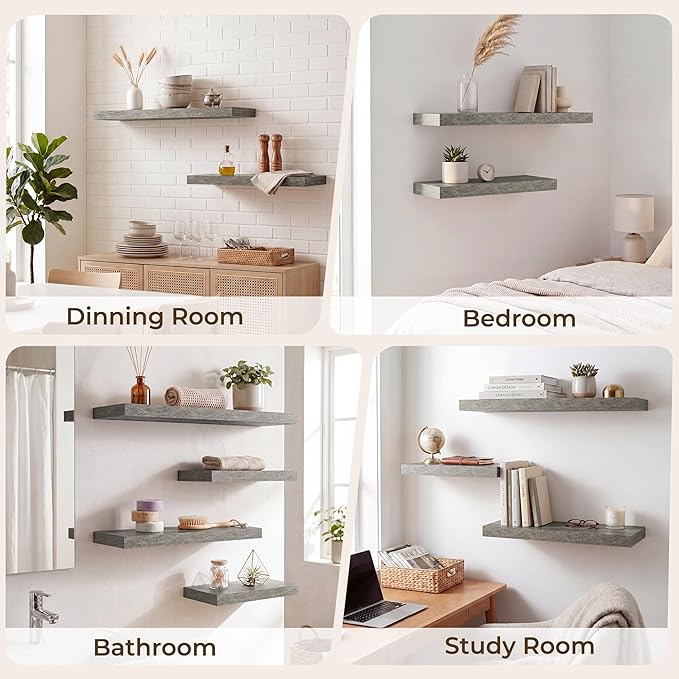 RICHFOCUS 20Inch Floating Shelves for Wall 2 Pack Shelves for Bedroom|Kitchen|Bathroom|Laundry Room Rustic Wood Wall Mounted Shelf with Invisible Brackets for Books|Storage|Decor, Grey