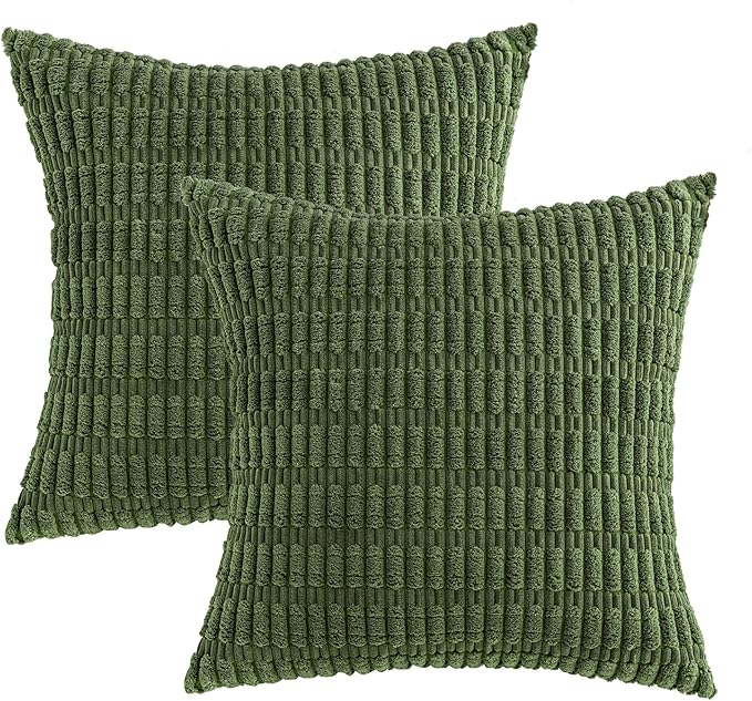 MIULEE Pack of 2 Spring Corduroy Decorative Throw Pillow Covers 18x18 Inch Soft Boho Striped Pillow Covers Modern Farmhouse Home Decor for Summer Sofa Living Room Couch Bed Moss Green