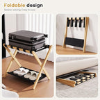 26.77" Full Assembled Luggage Rack for Guest Room, Set of 1 Bamboo Foldable Suitcase Stand, Bedroom & Hotel, Folding Luggage Holder with 5 Nylon Straps, 600D Oxford Fabric Shelf Natural Wood