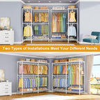 E15 Garment Rack L Shaped Clothes Rack for Corner，Freestanding Clothing Racks for Hanging Clothes，Heavy Duty Closet Organizer with 4 Hanging Rods & 8 S Hooks，43.4" W x 15.8" D x 78.4" H，White