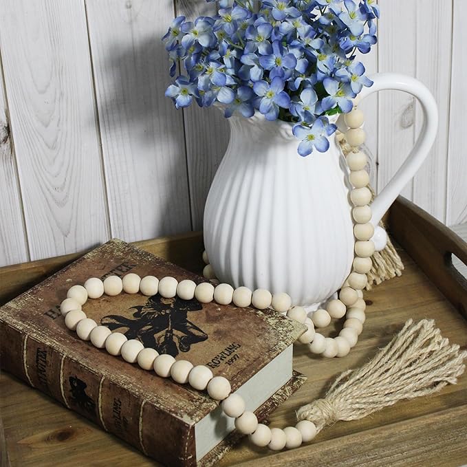 Farmhouse Decor Beads 60in Wooden Bead Garland with Tassels Rustic Minimalist Home Accent Prayer Country Boho Decoration for Wall Hanging Living Room Table Mantle Shelf Decor, Natural