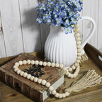 Farmhouse Decor Beads 60in Wooden Bead Garland with Tassels Rustic Minimalist Home Accent Prayer Country Boho Decoration for Wall Hanging Living Room Table Mantle Shelf Decor, Natural