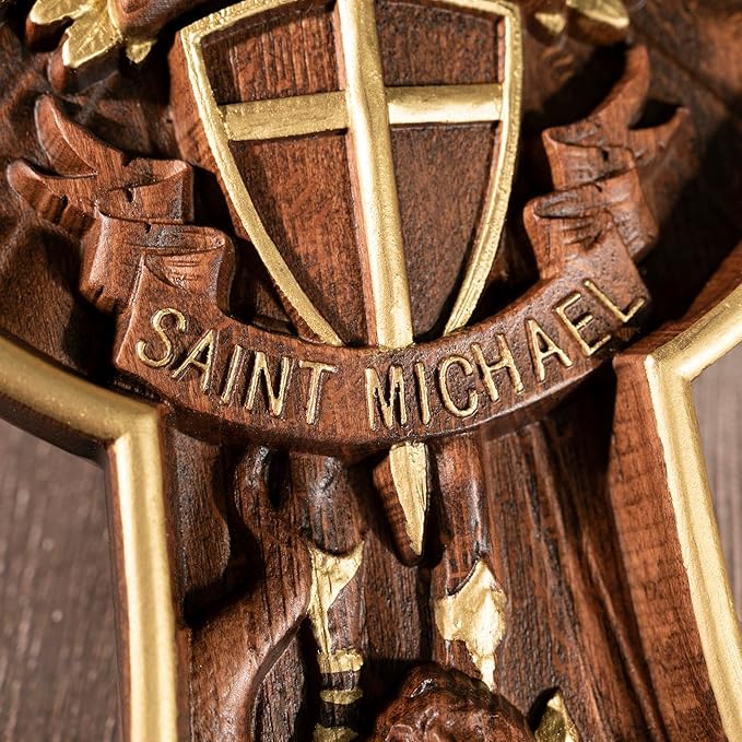 BGCOPPER Saint Michael Cross Wall Decor, Wooden Holy Trinity Crucifix Wall Cross, Jesus Cross for Wall Hanging Christmas Gift (20 Inch)