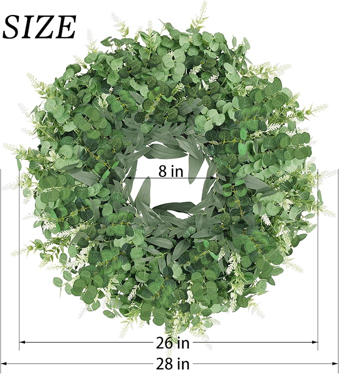 26" Large Eucalyptus Wreath for Front Door Spring Summer Greenery All Season Green Year Round Artificial Eucalyptus Leaves Wreath for Porch Farmhouse Home Wall Window Outdoor Indoor Decorations
