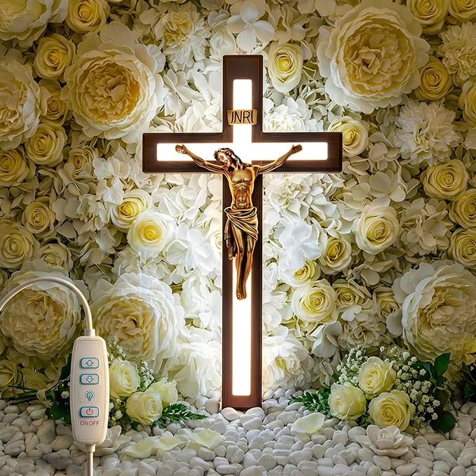 MoSavris Crucifix Wall Cross with Jesus with LED Light Handmade Wood Cross Wall Decor 13 Inch Catholic Wooden Cross for Faith & Blessing Wall or Home Decor Faith Gift for your Acquaintances