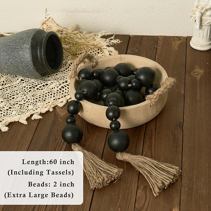 2" Extra Large Wood Bead Garland with Tassels, 60" Long Rustic Farmhouse Wooden Beads Garland, Decorative Beads Boho Decorations for Home Table Mantle Black