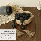 2" Extra Large Wood Bead Garland with Tassels, 60" Long Rustic Farmhouse Wooden Beads Garland, Decorative Beads Boho Decorations for Home Table Mantle Black