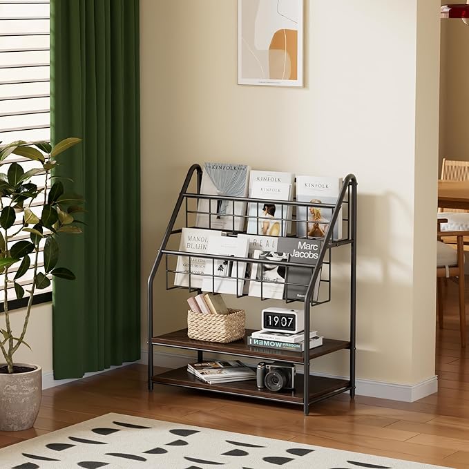 VECELO Magazine Rack FloorStanding,Magazine Display Stand Brochures Newspaper Holders,with 2 Shelves Board for Office,Library,Exhibition Hall,Hospital Indoor&Outdoor,Grey