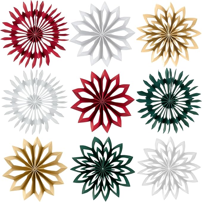 SUNBEAUTY 9PCS Christmas Hanging Decorations, Boho Christmas Decor Hanging Paper Snowflakes Mini Christmas Tree Ornaments for Xmas Tree Window Ceiling Door(Red White Green Brown)