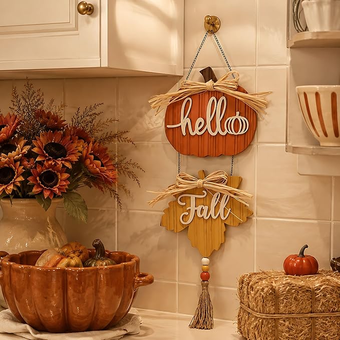 Valery Madelyn Fall Decorations for Home, Fall Wall Decor with Pumpkin and Maple Leaf, Rustic Farmhouse Fall Wreaths, Wooden Pumpkin Decor for Thanksgiving Autumn, 21 inch