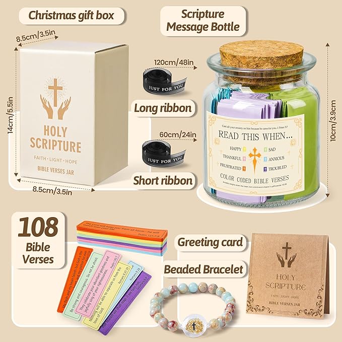 Bible Verse Jar for Women with NFC Bracelet, 108 Scripture Notes, Prayer Jar with Natural Stone Bead Cross Bracelet, Christian Gifts for Women