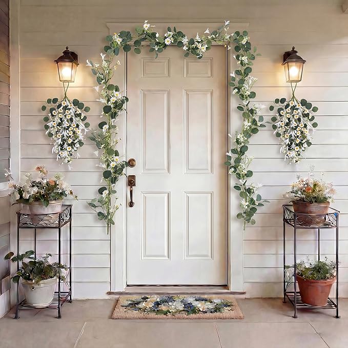 Pinkpum 20'' Eucalyptus Wreath 22'' Daisy Teardrop Swags Set 4 for Front Door Fireplace Hanging Porch Wall Home Window Kitchen Decor Farmhouse Garden Party Indoor Outdoor Summer Spring Fall