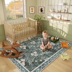 Vintage Floral with Ornate Border Washable 5x7 Area Rug, Soft Low Pile Carpet for Living Room, Dining Room Under Table, Bedroom | Non-Slip, Stain Resistant & Durable