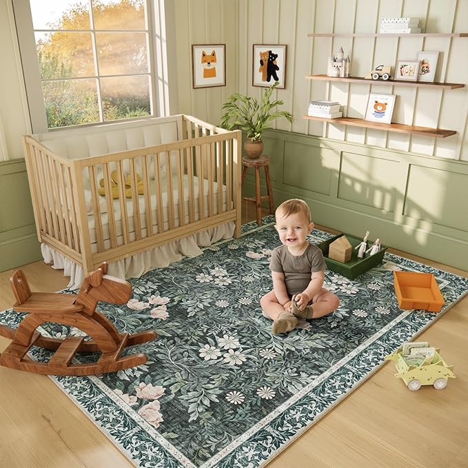 Vintage Floral with Ornate Border Washable 5x7 Area Rug, Soft Low Pile Carpet for Living Room, Dining Room Under Table, Bedroom | Non-Slip, Stain Resistant & Durable