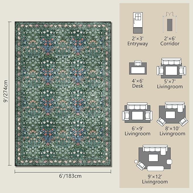 Washable Dark Green 6x9 Oriental Style Area Rug for Dining Room Under Table & Living Room, Low Pile Non-Slip Stain Resistant Carpet for Bedroom