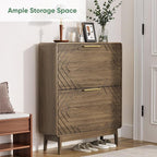 Shoe Storage Cabinet with Hand-Carved Raised Embossed 2 Flip Drawers,Slim Shoe Rack Cabinet, Narrow Shoe Cabinet Storage for Entryway Entrance, Freestanding Shoe Organizer Cabinet (Walnut)
