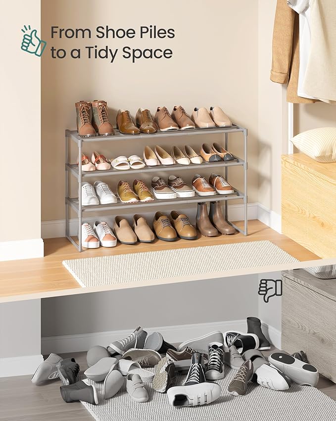 SONGMICS Shoe Rack, 3-Tier Shoe Organizer, Metal Storage Shelf, Upright or Upside Down, for 16-20 Pairs, Stackable, for Entryway, 11.8 x 36.2 x 21.7 Inches, Gray ULSA303G01