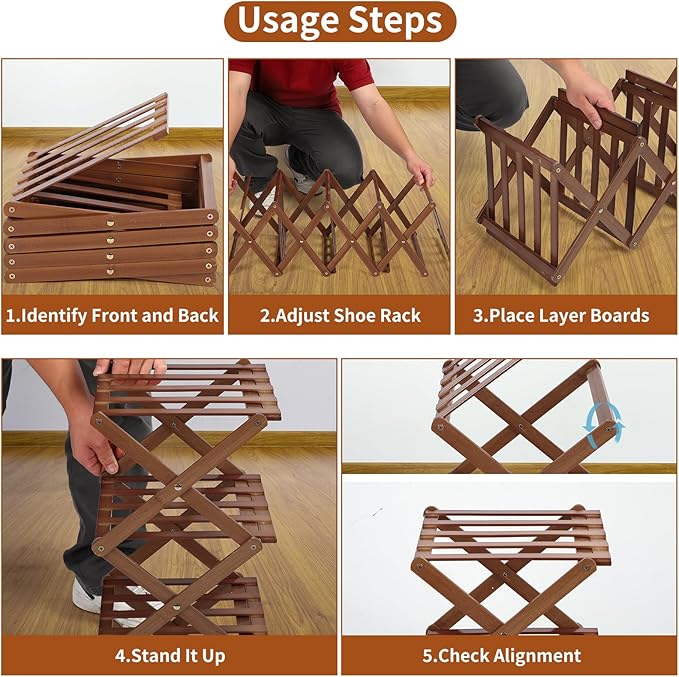 Shoe Rack Foldable, Portable Shoes Organizer Standing Shelf, Multifunctional Vertical Narrow Shoe Rack for Entryway, Closet, Bedroom and Hallway(Dark Brown, 5 Layers)