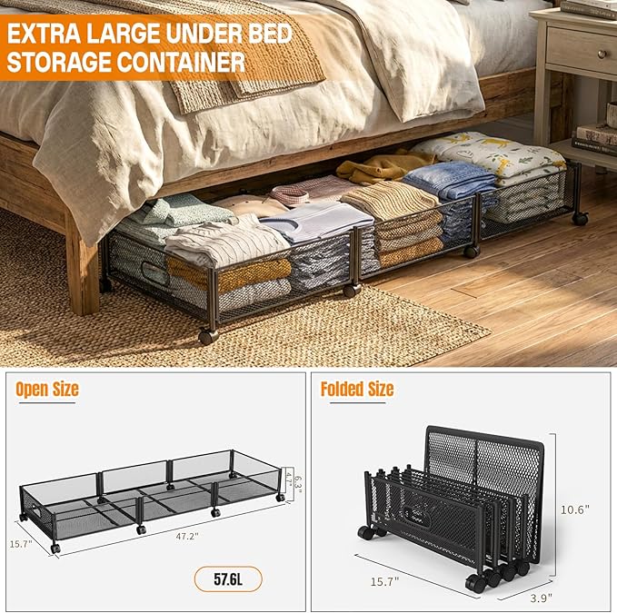 Under Bed Storage With Wheels, 47.2''/90lbs/57.6L, Metal Frame Under Bed Rolling Storage, Tool-Free Assembly Underbed Drawers, Underbed Organizer Containers for Shoes, Clothes and Toys (2 Pack)