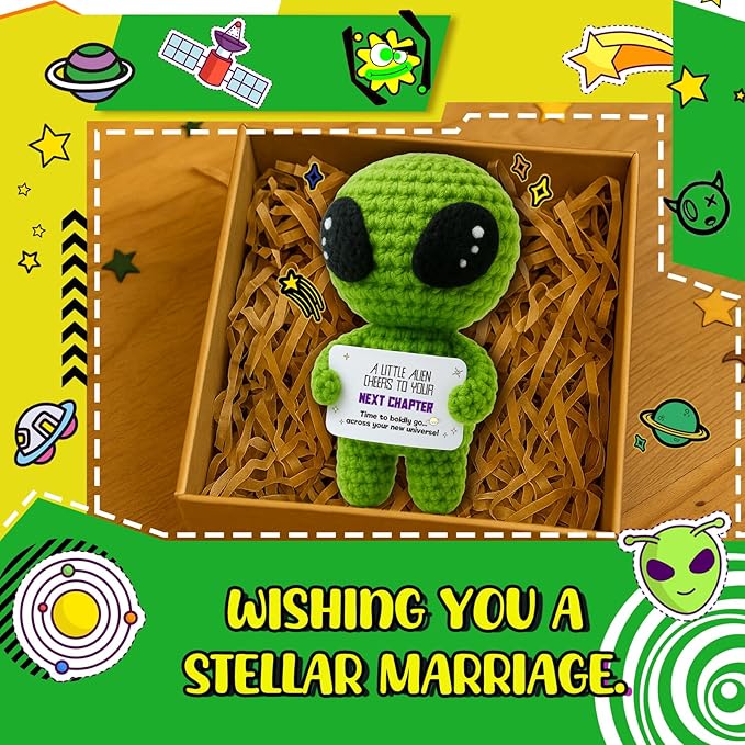 MAMAGIFTREE Cheers to Your Next Chapter - Positive Crochet Alien Plush - Ideal for Retirement Farewell Going Away Graduation 2026 New Job Promotion Gifts for Colleagues Students Teacher Coworker Boss