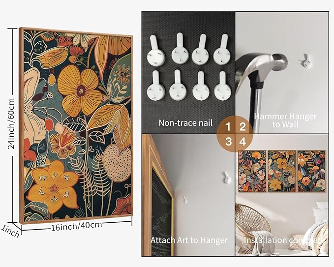 SIGNINART Orange Floral Framed Canvas Wall Art Set of 3, Mid Century Modern Flower Wall Decor, Neutral Plant Artwork, Boho Botanical Art Prints for Bedroom Living Room Office 24"x36"x3