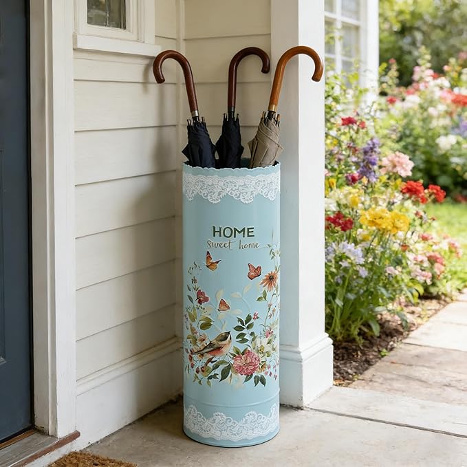Vintage Metal Umbrella Holder Rustic Round Umbrella Stand Entryway Decorative Organizer Bucket for Home/Office/Farmhouse - Holds Multiple Umbrellas Canes & Walking Sticks (Blue)