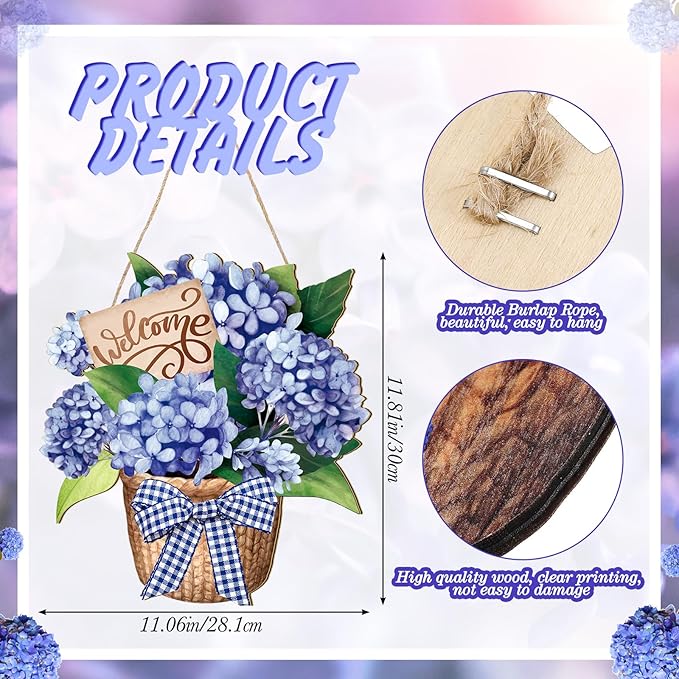 Barydat Summer Door Decorations Blue Hydrangea Wreaths Sign Flowers Floral Door Hanger Rustic Wooden Welcome Hanging Wreath Decorations for Summer Front Indoor Home Porch Wall Windows