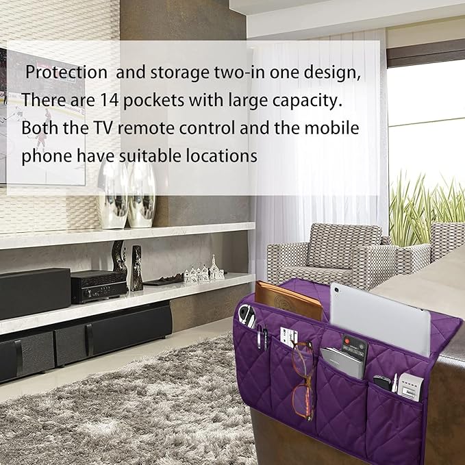Armchair Caddy, Sofa Armrest Organizer with 14 Pockets, Waterproof Non Slip Recliner Remote Control Holder, Couch Chair Arm Storage for TV Remotes, Phone, iPad, Magazine, Books