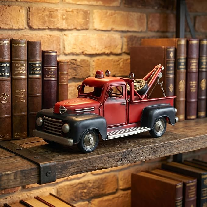 Vintage Red Tow Truck Decor Model, Classic Retro Metal Wrecker Truck Figurine, Distressed Rustic Collectible Sculpture for Home Office Shelf Desk Tabletop Decor
