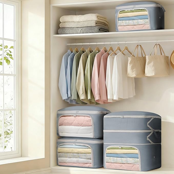 Comforter Storage Bag - 130L Blanket Storage Bags Front-opening Ultra Space Saving Self Compression Organizer, Washable Compression Bags for Storage Comforter Blanket, 2 Pack, Grey