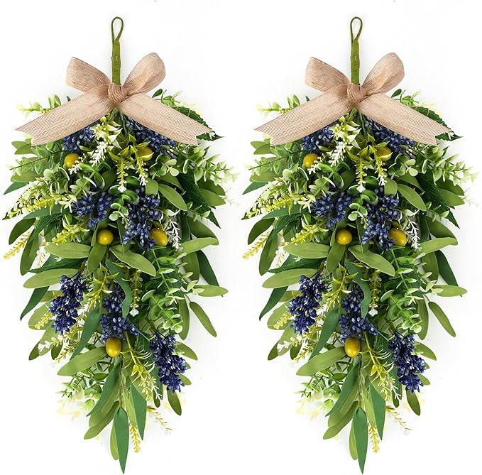 2 PCS 24'' Spring Summer Swags for Front Door Artificial Eucalyptus Olive Boxwood Leaves Teardrop Swags Greenery Swag Wreath Spring Summer Hanging Swag for Farmhouse Wedding Cabinet Home Outdoor Decor