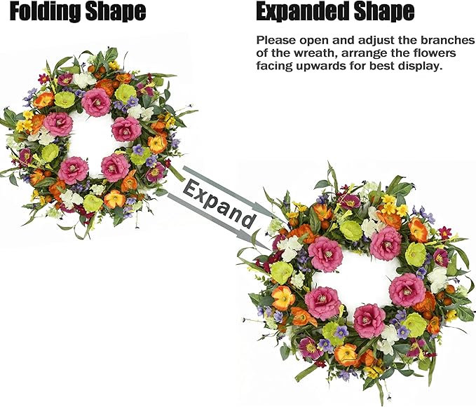 Artificial Spring Summer Wreaths for Front Door 22'' Peony Wreath Colorful Floral Wreath with Peony,Daisy,Poppy Flower Lavender for Indoor Outdoor Farmhouse Home Wall Window Festival Decoration