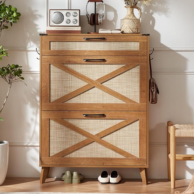 LEYAOYAO Shoe Storage Cabinet for Entryway with 2 Rattan Flip Drawers, Boho Narrow Shoe Cabinets for 16-20 Pairs Shoes with Large Drawers, Hidden Slim Shoe Rack with Wood Legs for Hallway, Tea Brown