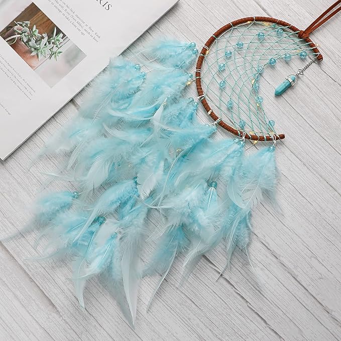 Dremisland Moon Dream Catcher with Fairy Lights-Handmade Feather Lucky Turquoise Pendant Beads Wall Hanging Ornament for Kids Bedroom Home Decoration,Art Craft Gift. (Sky Blue)