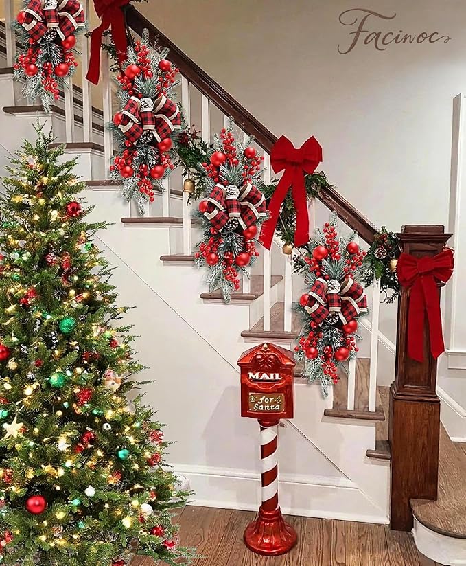 FACINOC 24" Artificial Christmas Swag for Front Door Decorative Xmas Swags with Red Berries Pine Cones Bow Festive Decorations for Mantle Wall Indoor Outdoor Holiday Home Decor (Red 1 PCS)