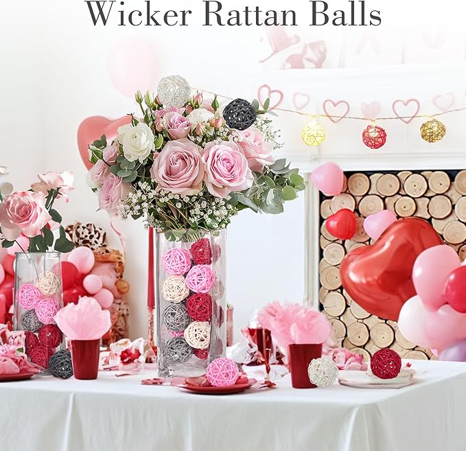 DomeStar 24PCS Pink Rattan Balls Decorative Balls for Bowl Centerpiece, 2 Inches Home Indoor Table Decor - Valentine's Day Tiered Tray Heart Bowl Fillers