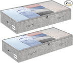 2 Pack 100L Under Bed Storage Containers, Low Profile Closet Organizers and Storage Bins for Dorm, Foldable Underbed Bag for Clothes, Blanket, Sheets, Wrapping Paper, Clear Window & Dual Zippers, Grey