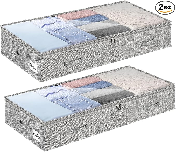 2 Pack 100L Under Bed Storage Containers, Low Profile Closet Organizers and Storage Bins for Dorm, Foldable Underbed Bag for Clothes, Blanket, Sheets, Wrapping Paper, Clear Window & Dual Zippers, Grey