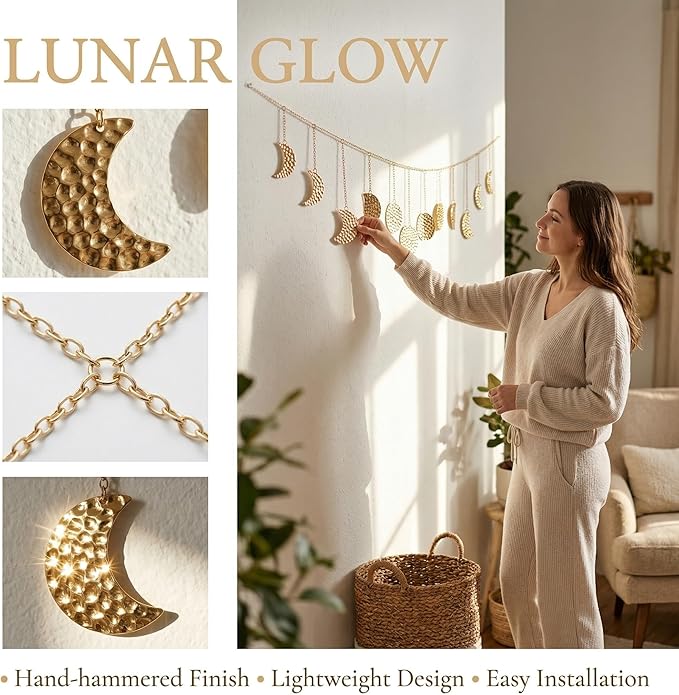 opulinea Moon Phase Garland Gold Hammered Metal - Celestial Boho Wall Hanging Decor Moon Phases Ornament for Bedroom Aesthetic Above Bed Living Room Home Decor