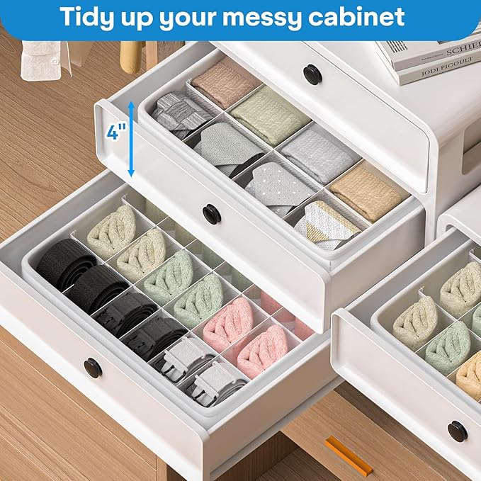 Classical Leather Sock Underwear Drawer Organizer clothes, Closet Dividers，64 Cell (16+24+24) Foldable Leather Storage Box for Panties, Ties, Accessories（3 Pack）
