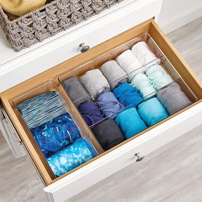 mDesign Long Plastic Drawer Organizer Box, Storage Organizer Bin Container; For Closets, Bedrooms, Use for Leggings, Socks, Ties, Jewelry, Accessories - Lumiere Collection - 6 Pack - Clear