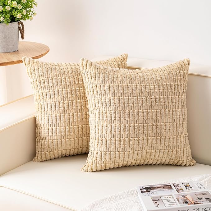 Aegero Pack of 2 Corduroy Decorative Throw Pillow Covers 24x24 InchSoft Striped Pillow Covers Modern Farmhouse Home Decor for Sofa Living Room Couch Bed（Beige）