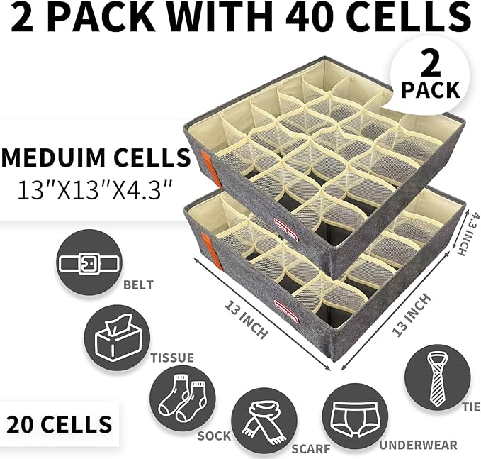 2 Pack Sock Organizer Drawer Divider, 20-Grid Foldable Storage Box with Handles for Underwear, Bras, Clothes, Baby Clothes, Ideal for Drawer, Wardrobe, Closet Organizers and Storage (Grey)