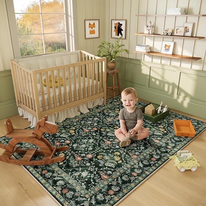 Vintage Botanical Dark Green Area Rug 5x7 Elegant Floral Pattern, Durable Stain-Resistant Fabric, Perfect for Living Room, Bedroom, Dining Room Decor
