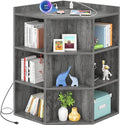 Aheaplus Corner Cabinet, Corner Storage with USB Ports and Outlets, Corner Cube Toy Storage for Small Space, Wooden Cubby Bookshelf with 9 Cubes for Playroom, Bedroom, Living Room, Grey Oak
