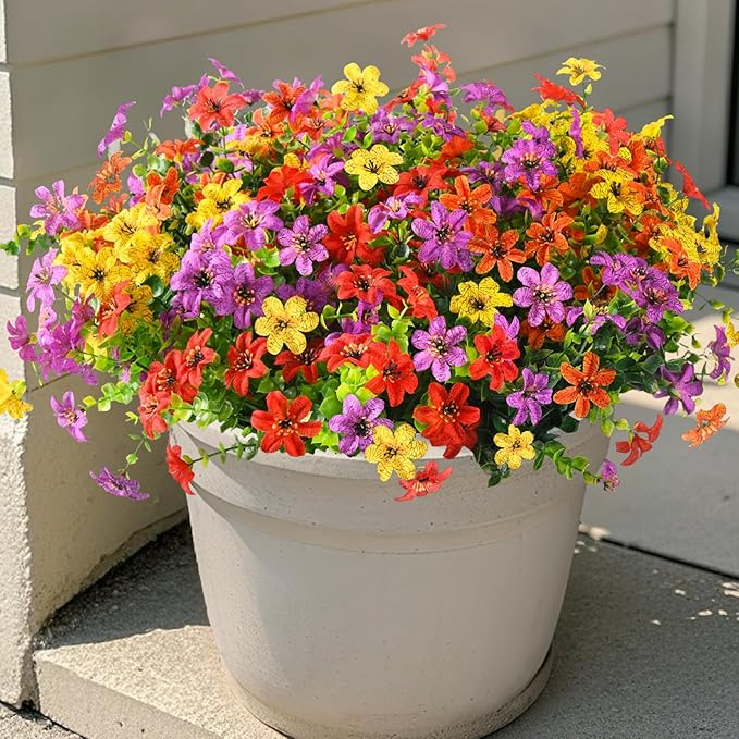 Artificial Flowers for Outdoors 12 Bundles Realistic Faux Silk Flower with Eucalyptus Stem, Fake Plants UV Resistant No Fade for Outside Planter Porch Patio Yard Window Garden Spring Summer Decoration