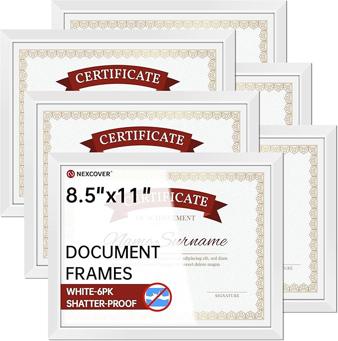 NEXCOVER Diploma Frame White 6 Pack, 8.5 x 11 Certificate Frame with HD Plexiglass, 8.5 by 11 Picture Frames for Documents, Photos, Posters, Artworks, Horizontal and Vertical Wall Display