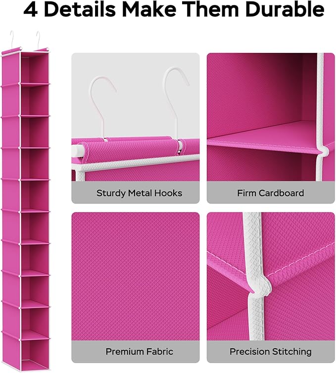 MAX Houser 10-Shelf Hanging Shoe Shelf Organizer, Hanging Shoe Storage for Closet, Slim Hanging Closet Organizer,10-Tier Narrow Hanging Storage Shelves or Baby Closet Room-Pink