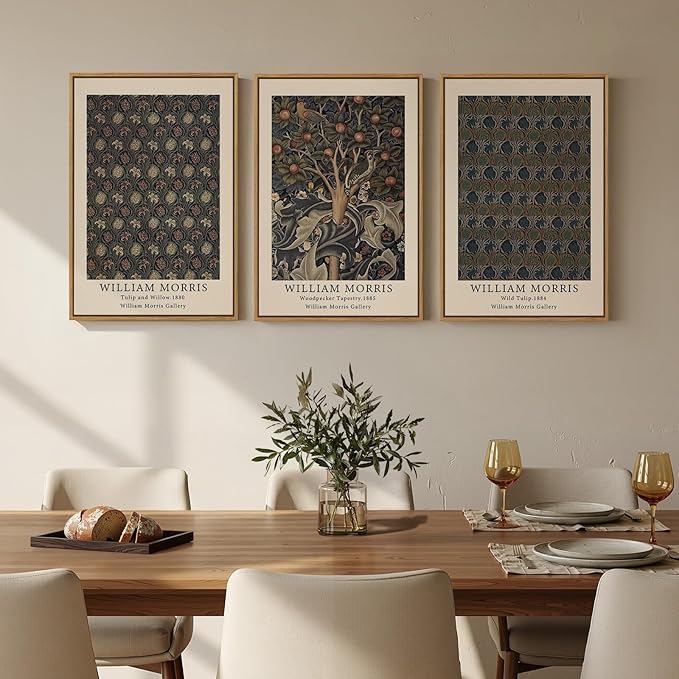 Framed Vintage William Morris Canvas Wall Art Set of 3, Nature Rustic Botanical Artwork for Walls, Retro Classic Floral Illustrations Paintings Pictures for Living Room, Bedroom, Dining Room, Hallway, Office Wall Decor, Total Size 30x60 in