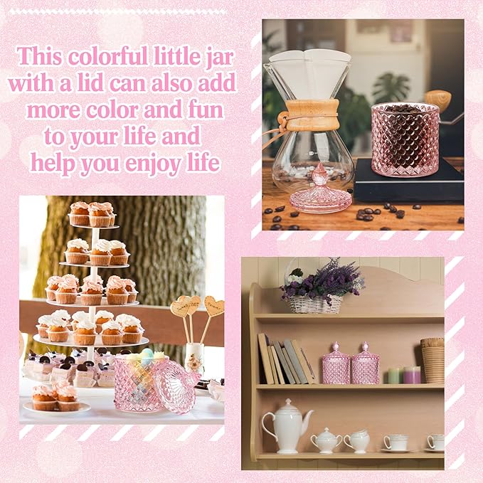 Aoriher 4 Pcs Crystal Glass Candy Jar Set with Lids Home Decorative Storage Jars for Apothecary, Bathroom, Kitchen, and Pantry, Ideal for Cotton Swabs and Jewelry (Large,Pink)